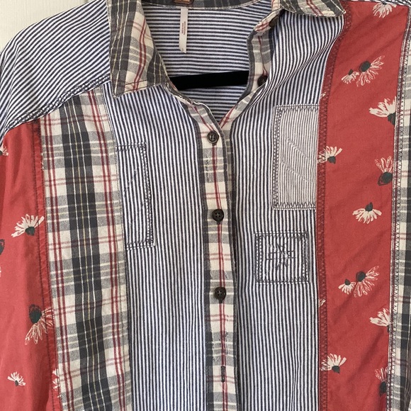 Free People Distressed Patchwork Flannel button down size small - Picture 2 of 5